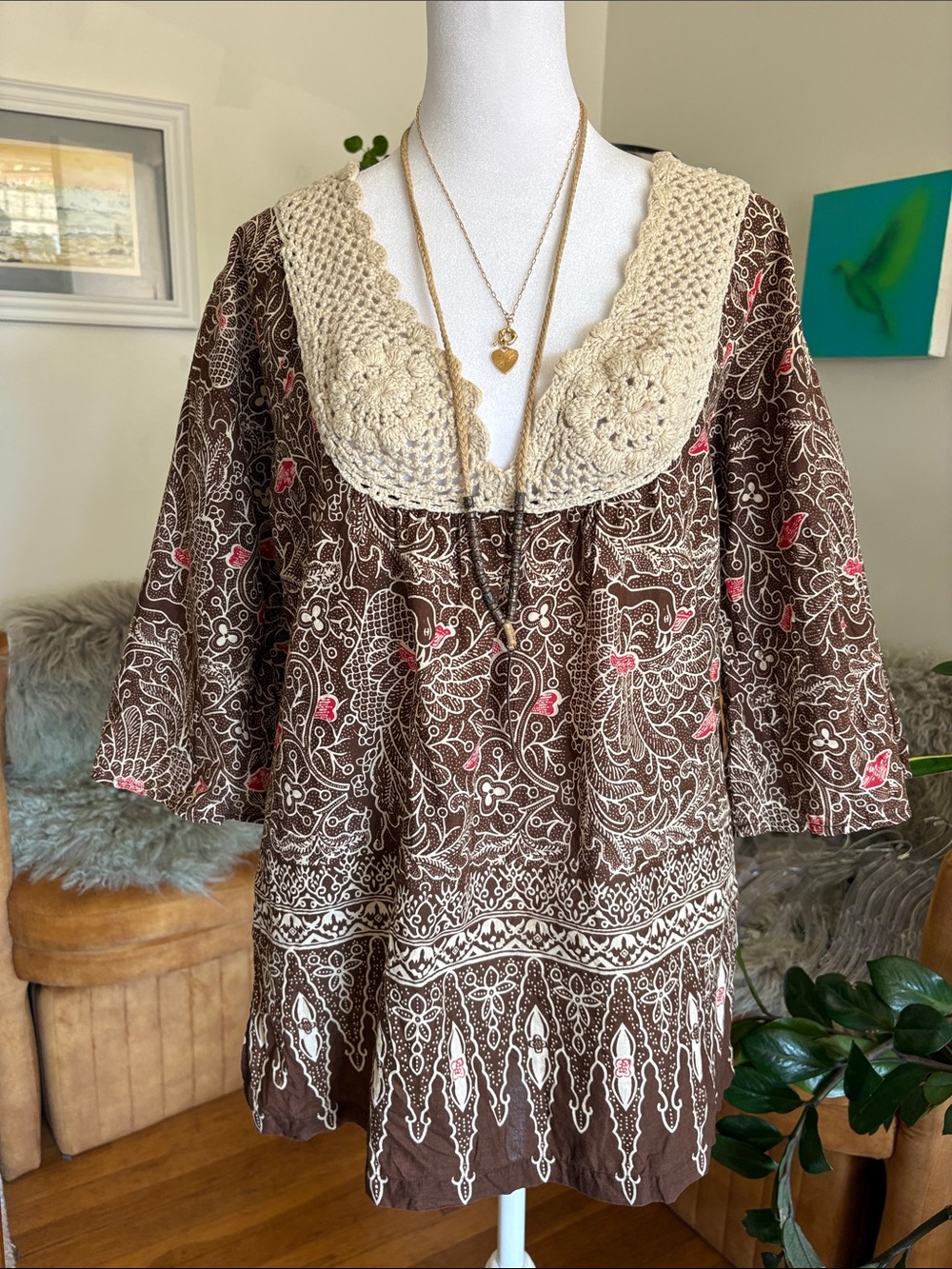 Joie Brown Floral Crochet-Collar Long Sleeve Dress